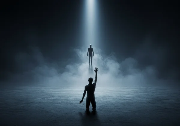 Figure clinging to another, illustrating fear of abandonment