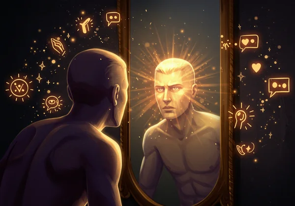 Person admiring reflection, surrounded by glowing affirmations