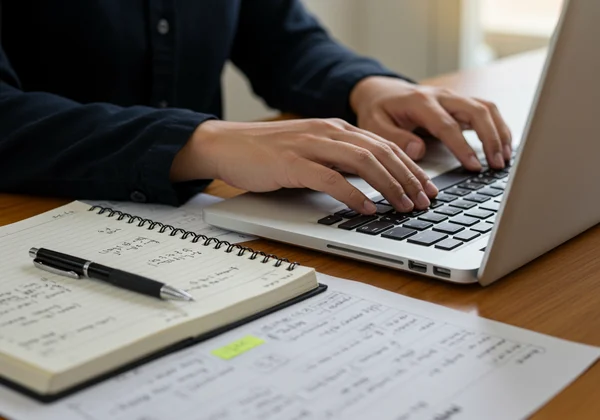 Hands typing notes on a laptop, with a pen and notebook.