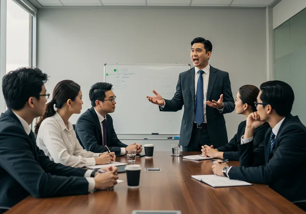 Narcissistic boss dominates meeting, subordinates look disengaged.