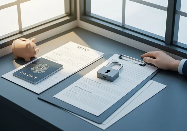Hands organizing documents, key, and a piggy bank