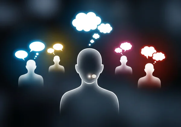 Person with faint voice bubble, others' needs brightly lit