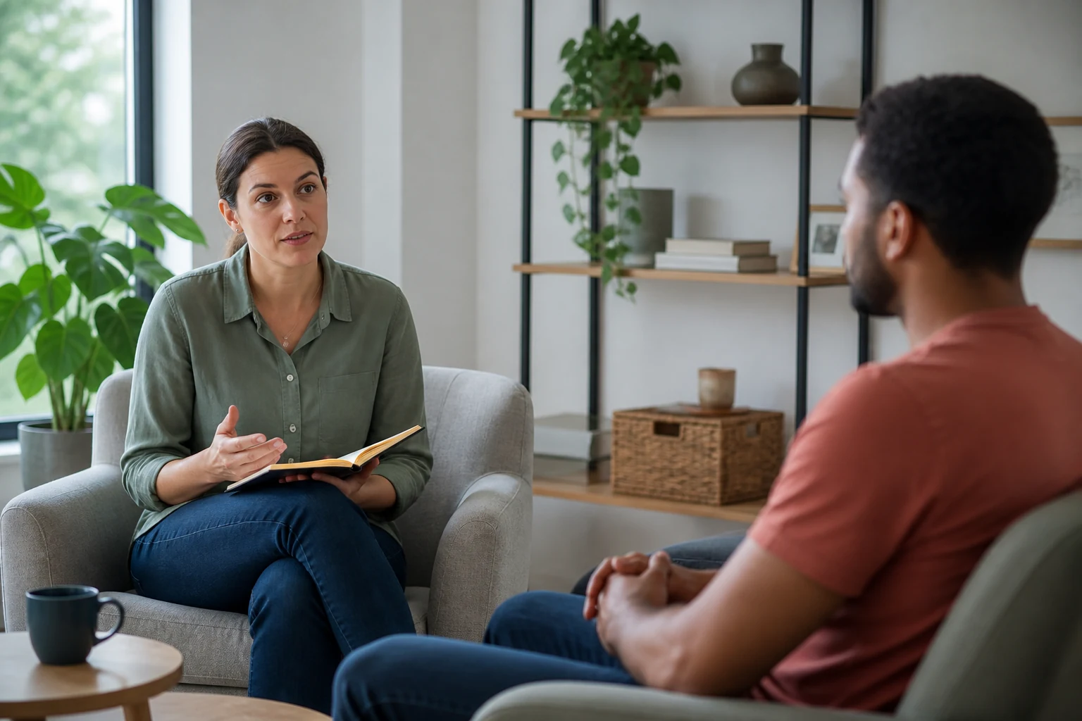 Person setting a calm boundary in conversation